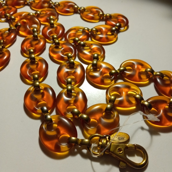 Used,not new,never worn plastic faux tortoise oval disc chain belt gold clasp. - Picture 2 of 2